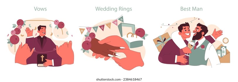 Wedding moments set. Priest guiding the couple's vows, hands exchanging wedding rings, and best man celebrating with groom. Ceremony ambience. Festive atmosphere. Flat vector illustration.