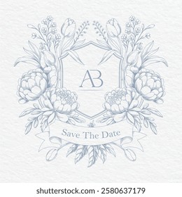 Wedding monogram with AB initials. Floral monogram crest design. Elegant wedding crest design.