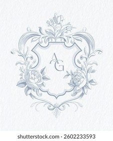 Wedding monogram with AG initials Design. Wedding crest with flowers line Art illustration. 
