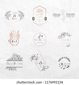 Colección de monogramas de bodas, plantillas de flores para tarjetas de invitación, Guardar la fecha, identidad de logotipo para restaurante, boutique, café en vector