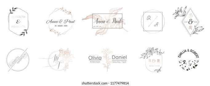 Wedding monogram collection, Modern Minimalistic and Floral templates for Invitation cards, Save the Date, Logo identity for restaurant, boutique, cafe in vector