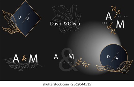Wedding monogram collection, Modern Minimalistic and Floral templates for Invitation cards, Save the Date, Logo identity for restaurant, boutique, café in Golden.