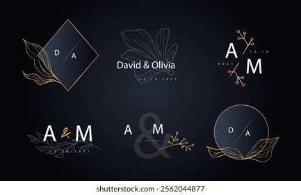 Wedding monogram collection, Modern Minimalistic and Floral templates for Invitation cards, Save the Date, Logo identity for restaurant, boutique, café in Golden.