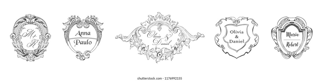 Wedding Monogram collection, Vintage Barocco templates for Invitation cards, Save the Date, Logo in vector