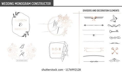 Wedding Monogram Constructor, Modern Minimalistic Collection of templates for Invitation cards, Save the Date, Logo identity in vector