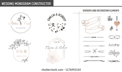 Wedding Monogram Constructor, Modern Minimalistic Collection of templates for Invitation cards, Save the Date, Logo identity in vector