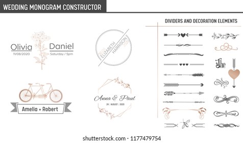 Wedding Monogram Constructor, Modern Minimalistic Collection of templates for Invitation cards, Save the Date, Logo identity in vector