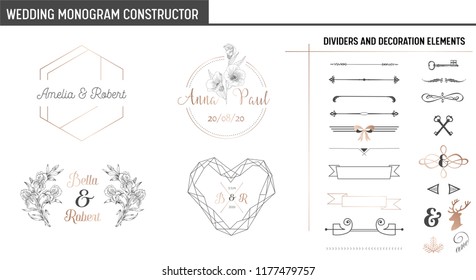 Wedding Monogram Constructor, Modern Minimalistic Collection of templates for Invitation cards, Save the Date, Logo identity in vector