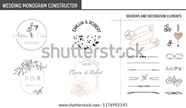 Wedding Monogram Constructor, Modern Minimalistic\
Collection of templates for Invitation cards, Save the Date, Logo\
identity in vector