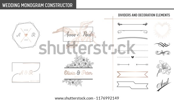 Wedding Monogram Constructor, Modern Minimalistic\
Collection of templates for Invitation cards, Save the Date, Logo\
identity in vector
