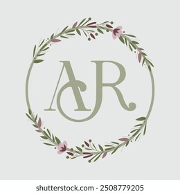 Wedding monogram crest design with AR initial surrounded by minimal floral wreath