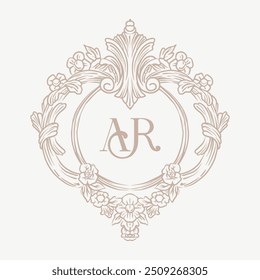 Design de crista de monograma de casamento com inicial AR rodeado por motivos intrincados estilo barroco