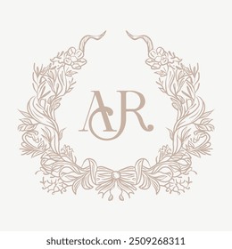 Wedding monogram crest design with AR initial surrounded by baroque style intricate motifs