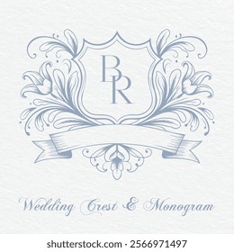 Wedding monogram crest design. BR Initial Wedding Monogram Logo Crest. Floral Wedding monogram crest design.