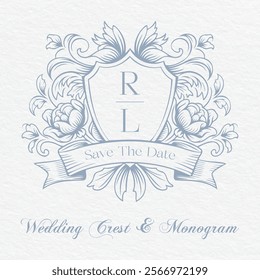 Wedding monogram crest design. Initial Wedding Monogram Logo Crest. Floral Wedding monogram crest design.