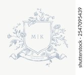 Wedding monogram crest design with MK initial surrounded by baroque style intricate motifs