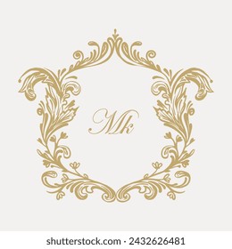 Wedding monogram crest design with MK initial surrounded by intricate motifs