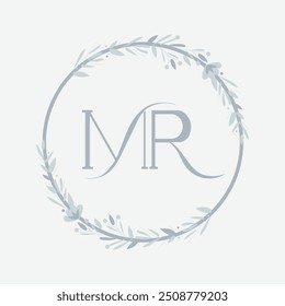 Wedding monogram crest design with MR initial surrounded by minimal floral wreath