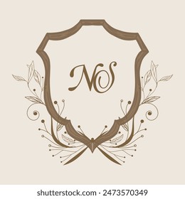 Wedding monogram crest design with NS initial surrounded by intricate floral motifs
