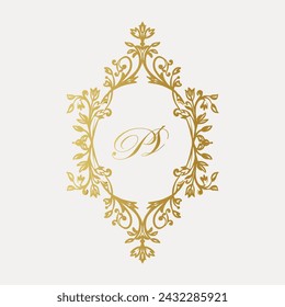 Wedding monogram crest design with PS initial surrounded by intricate motifs