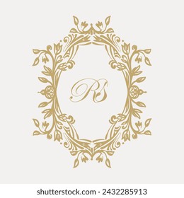 Wedding monogram crest design with RS initial surrounded by intricate motifs