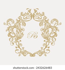 Wedding monogram crest design with RS initial surrounded by intricate motifs