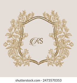 Wedding monogram crest design with RS initial surrounded by intricate motifs