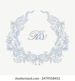 Wedding monogram crest design with RS initial surrounded by intricate floral elements