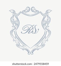 Wedding monogram crest design with RS initial surrounded by baroque style intricate motifs