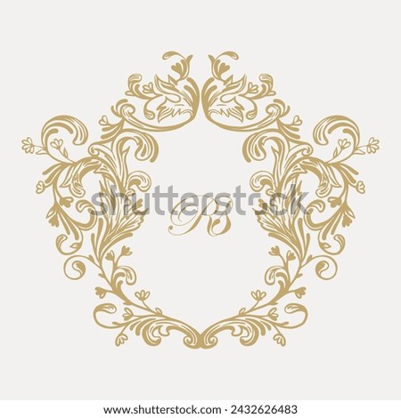Wedding monogram crest design with RS initial surrounded by intricate motifs