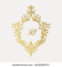 Diseño de cresta de monograma de boda con RT inicial rodeado de motivos intrincados