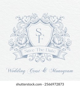 Wedding monogram crest design. SF Initial Wedding Monogram Logo Crest. Floral Wedding monogram crest design.