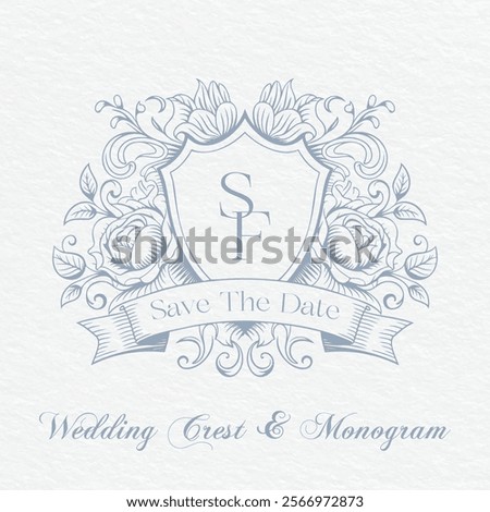 Wedding monogram crest design. SF Initial Wedding Monogram Logo Crest. Floral Wedding monogram crest design.