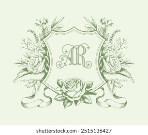 Wedding monogram crest design. Vintage wedding monogram design. AR wedding initial, hand drawn illustration.