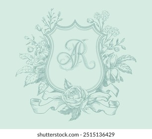 Wedding monogram crest design. Vintage wedding monogram design. AR wedding initial, hand drawn illustration.