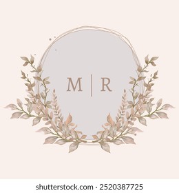 The wedding monogram design has MR initials surrounded by vintage brown watercolor leaves. Wedding crest design with watercolor leaf wreath