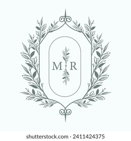 Wedding monogram design with MR initials surrounded by watercolor green leaves. wedding crest design with watercolor leaf wreath 