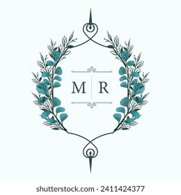 Wedding monogram design with MR initials surrounded by watercolor green leaves. wedding crest design with watercolor leaf wreath 