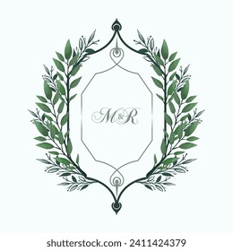 Wedding monogram design with MR initials surrounded by watercolor green leaves. wedding crest design with watercolor leaf wreath 