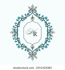 Wedding monogram design with MR initials surrounded by watercolor green leaves. wedding crest design with watercolor leaf wreath 