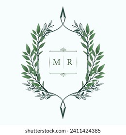 Wedding monogram design with MR initials surrounded by watercolor green leaves. wedding crest design with watercolor leaf wreath 