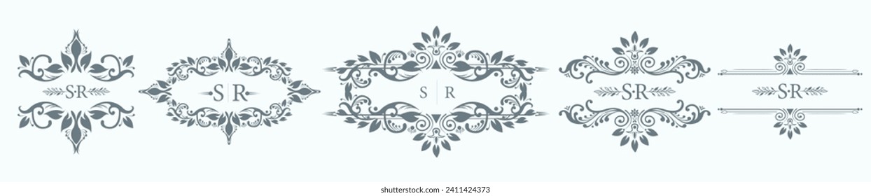 Wedding monogram designs with SR initials. Set of five intricated border design with SR initials. Custom wedding monogram crest designs in vector