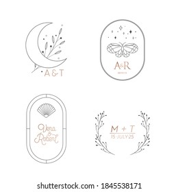 Wedding monogram elegant collection. Vector modern minimalistic templates. Floral wreath for Invitation, Save the Date Cards. Logo luxury identity for restaurant, boutique. Calligraphic emblem frame