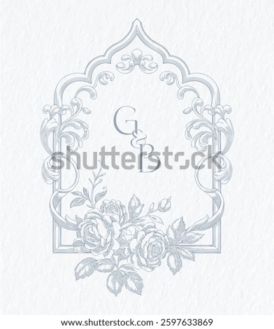 Wedding monogram with GB initials Design. Wedding crest with flowers line Art illustration. 