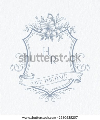Wedding monogram with HR initials. Floral monogram crest design. Elegant wedding crest design.