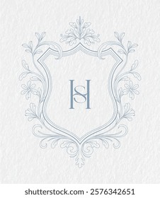 Wedding monogram with HS initials Design. Floral monogram crest design. Vintage elegant wedding crest design.