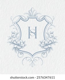 Wedding monogram with HS initials Design. Floral monogram crest design. Vintage elegant wedding crest design.