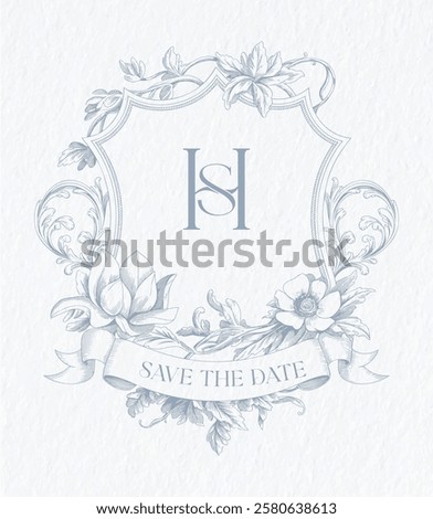 Wedding monogram with HS initials. Floral monogram crest design. Elegant wedding crest design.