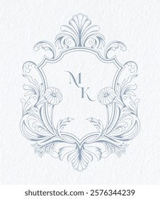 Wedding monogram with KM initials Design. Floral monogram crest design. Vintage elegant wedding crest design.