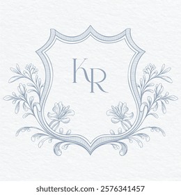 Wedding monogram with KR initials Design. Floral monogram crest design. Vintage elegant wedding crest design.
